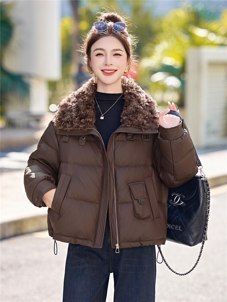 蛋白皮羽绒服女短款2025冬季加厚毛领宽松显瘦pu皮衣短外套百搭女,女装羽绒服,意芙