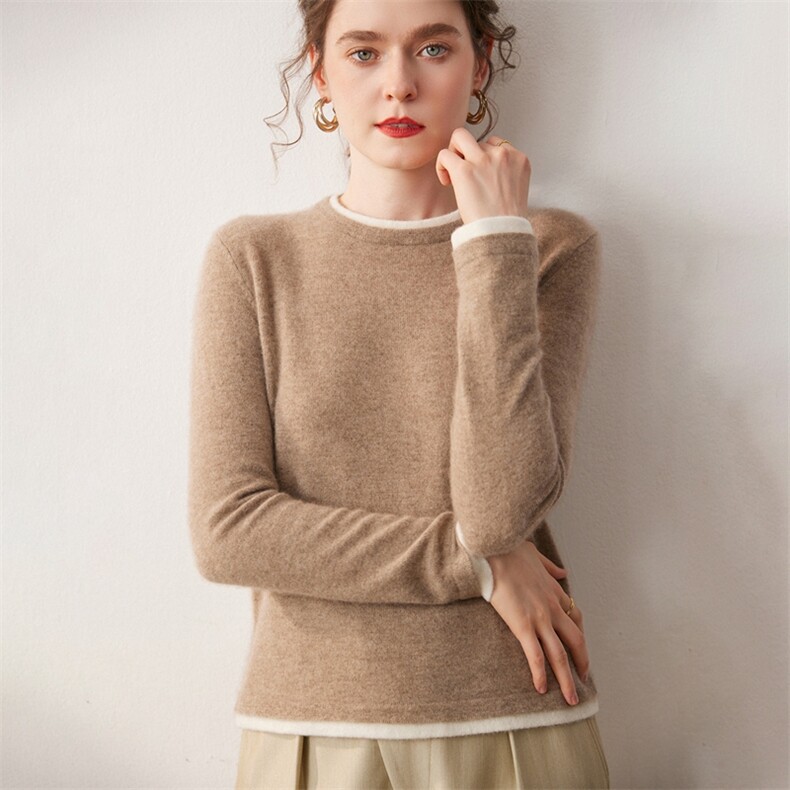 2025年秋季常规款套头长袖时尚百搭通勤圆领假两件，女装针织衫/毛衣，宛咚羊绒