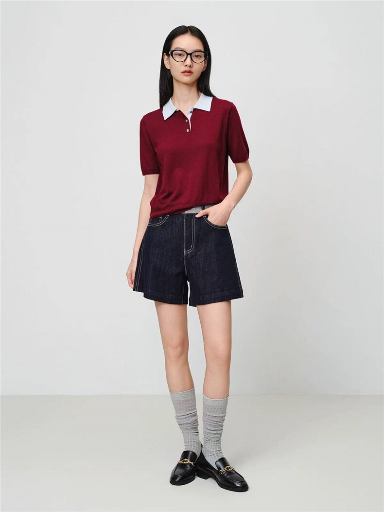 2025年秋季新款女装时尚撞色真丝棉a摆高腰牛仔短裤，女装短裤/热裤，泰合衣坊