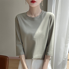 2025新款圆领冰爽棉七分袖T恤女春夏气质休闲棉线打底衫内搭上衣，女装针织衫/毛衣，长今羊