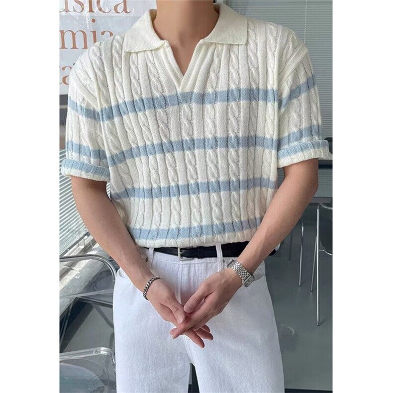 夏季白色翻领Polo衫条纹日系针织衫男短袖上衣T恤衫宽松TZ90,男装Polo衫,星座1116A（原606A-3）