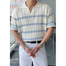 夏季白色翻领Polo衫条纹日系针织衫男短袖上衣T恤衫宽松TZ90，男装Polo衫，星座1116A（原606A-3）