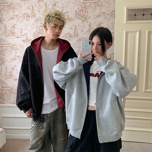 重磅高品质硬挺boxy26春装美式高街结构撞色拼接连帽卫衣开衫外套图片