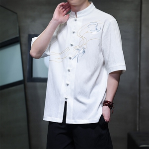 新中式 男士现货立领风衬衫小鸟刺绣短袖上衣T2520-P65控89图片