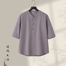 唐装男青年夏季七分短袖t恤复古风潮流男棉麻男装GF2505-P60，男装衬衫，星座1105-3