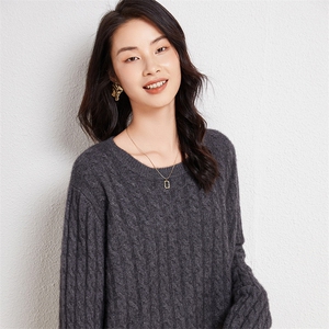 秋冬季新款麻花圆领套头毛衣女宽松显瘦长袖35%羊绒衫图片
