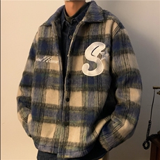 高级感小香风格子毛呢外套衬衫男女刺绣加厚冬季夹克棉服J8111，男装夹克，星座1116A-1（原606A）