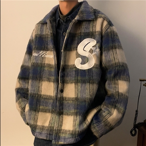 高级感小香风格子毛呢外套衬衫男女刺绣加厚冬季夹克棉服 J8111图片