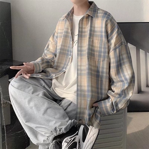 C177-P30 格子长袖衬衫男ins宽松日系复古学院风衬衣薄款休闲图片