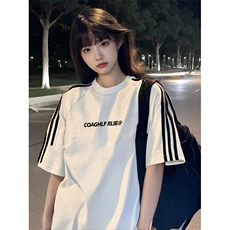 抖音得物高品质二开240克宽松纯棉美式潮牌三条杠织带短袖T恤，男装T恤，电商A486