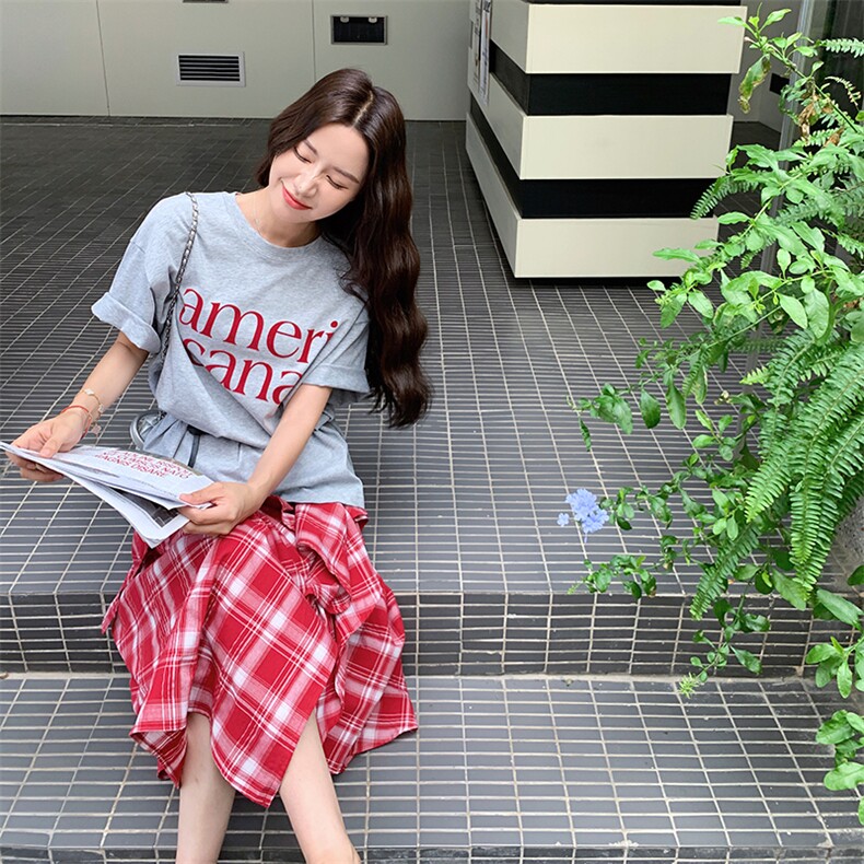 不规则灰色T恤格子半身裙套装女夏松驰感慵懒风两件套爆款小众,女装套装/套裙,1C151