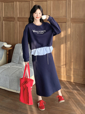 藏青色卫衣套装裙女春2025新款韩版印花长袖上衣A字半身裙两件套，女装套装/套裙，浙宝220