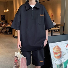 港风宽松百搭情侣半拉链夏季青少年潮流翻领短袖t恤休闲冰丝套装，男装T恤，星座1210-1