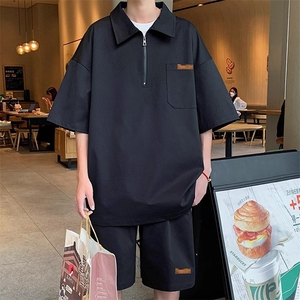 港风宽松百搭情侣半拉链夏季青少年潮流翻领短袖t恤休闲冰丝套装图片
