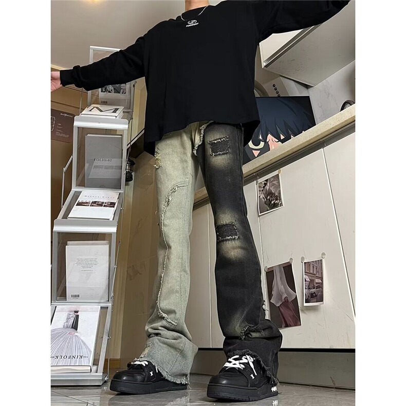 美式vibe毛边裤子高街破洞拼接微喇牛仔裤男款修身直筒双色鸳鸯裤,男装牛仔裤,星座506A