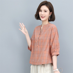 2022夏季新款格子宽松显瘦棉麻衬衫女图片