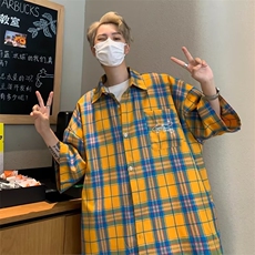 美式复古潮牌刺绣黄色格子衬衫男女短袖夏季宽松休闲情侣格纹，男装衬衫，星座716-2