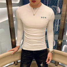秋季新款潮流休闲纯色修身小高领绣花长袖T恤打底衫男1009-p35，男装T恤，电商D303