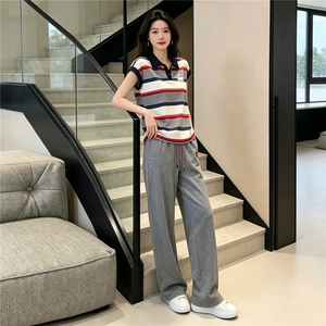 高级感时尚休闲运动套装女夏季新款POLO条纹短袖上衣阔腿裤两件套图片 高级感时尚休闲运动套装女夏季新款POLO条纹短袖上衣阔腿裤两件套图片