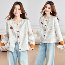 2026年春季民族风新中式圆领碎花撞色拼接外套，女装短外套，简韵佳