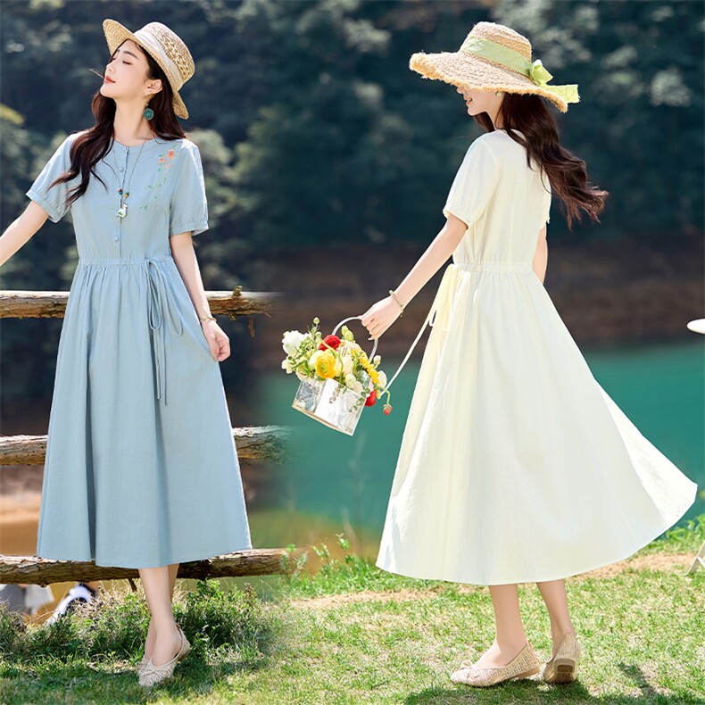 复古文艺气质绣花短袖连衣裙女中长款2026夏季新款收腰显瘦裙子薄，女装连衣裙，倪叶myz