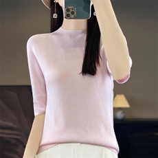 时尚女士针织衫抽条修身五分袖秋冬打底衫，女装针织衫/毛衣，昭美羊绒