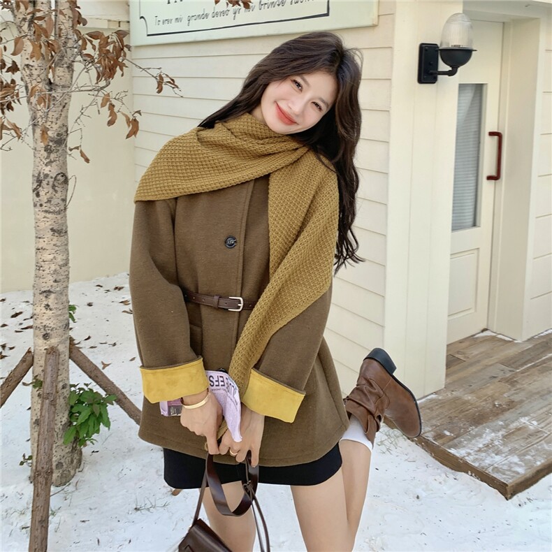 新款！冬装围巾+腰带撞色毛呢大衣外套2C133-8983-P195-K278，女装毛呢外套，2C133