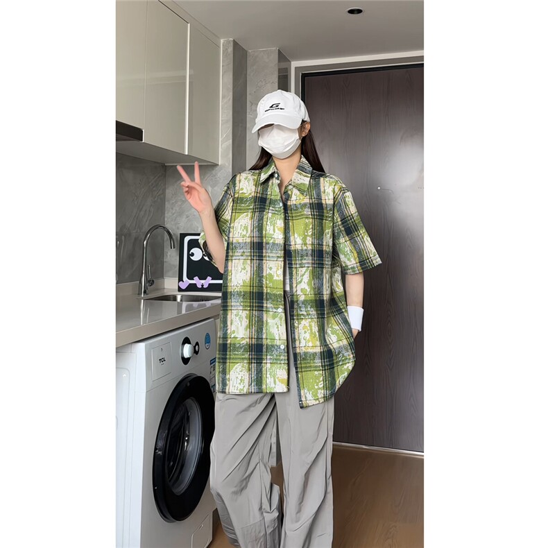 抖音夏装男士泼墨扎染时尚格子短袖衬衫休闲衬衣CS800-特P35，男装衬衫，电商A006