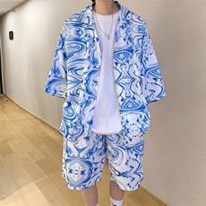 特P45控88-夏装冰丝短袖衬衫短裤休闲套装男生沙滩裤两件套XTZ226，男装T恤，电商B370
