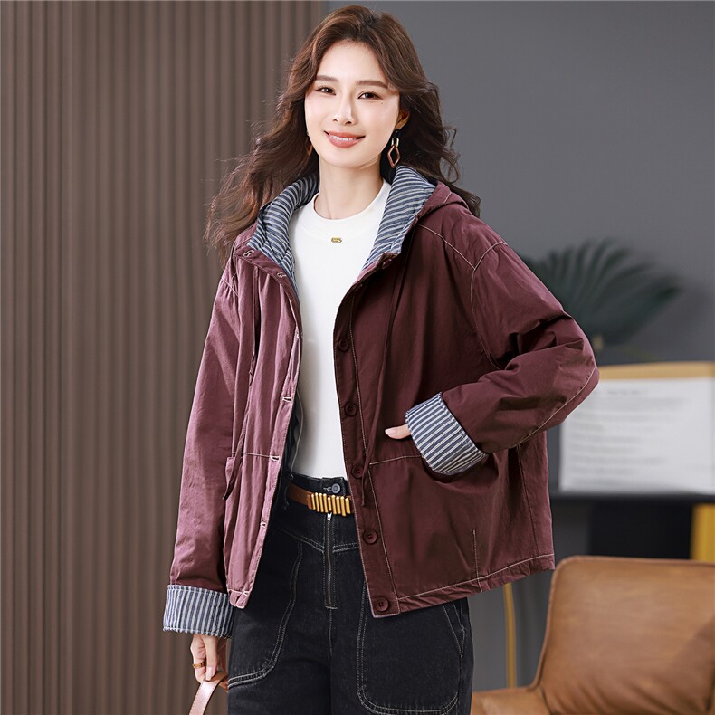 2025年冬季新款条纹拼接连帽棉服加厚保暖外套,女装棉衣/棉服,忆绮罗