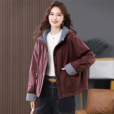 2025年冬季新款条纹拼接连帽棉服加厚保暖外套，女装棉衣/棉服，忆绮罗