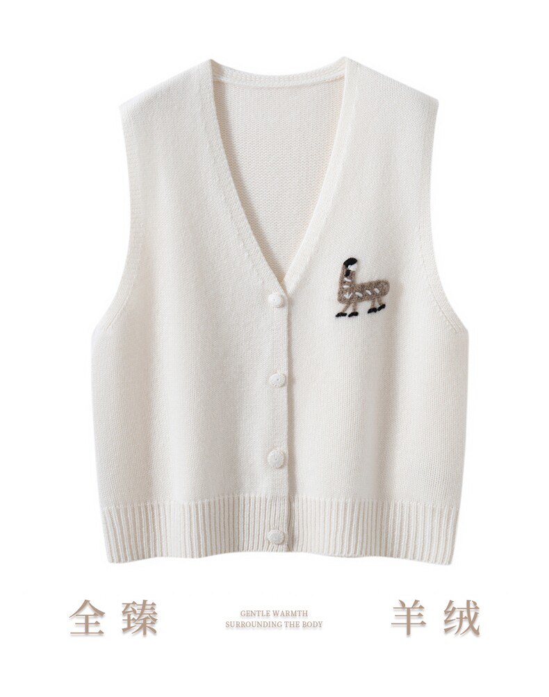 2025秋冬新款V领系扣纯羊绒针织马甲女羊驼图案坎肩宽松慵懒叠穿，女装马甲，绒歆坊