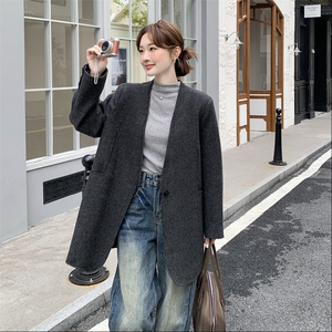 深灰色淡人羊毛呢羽绒内胆西装外套女2025冬季韩系气质高级感外套图片