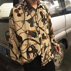 港风复古印花链子衬衫男痞帅宽松长袖夜店男装凉薄花衬衣外套，男装衬衫，星座506A
