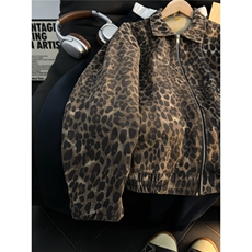 美式豹纹牛仔夹克男女春秋垫肩小众欧美翻领设计感短款宽松外套潮，男装夹克，星座302B