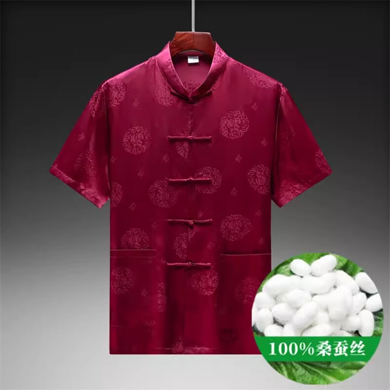 夏款高端唐装短袖薄款绸缎男装休闲男上衣,男装民族服装,钱塘6003B