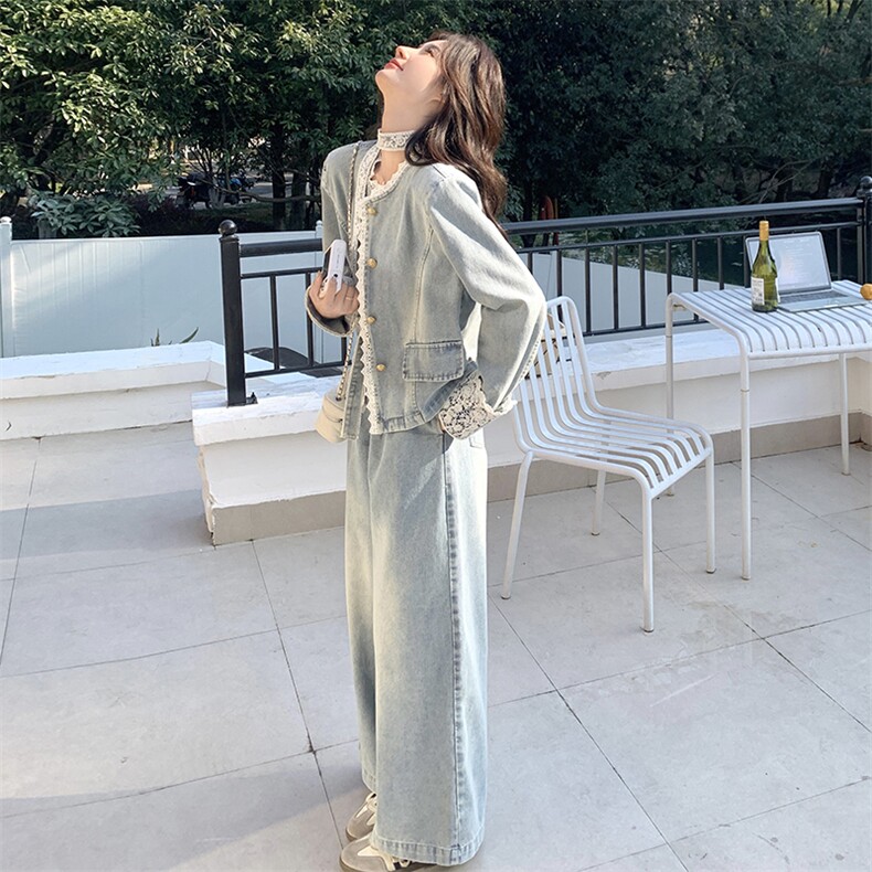 蕾丝花边拼接牛仔套装女2025春季新款盐甜系短款外套阔腿裤两件套图片