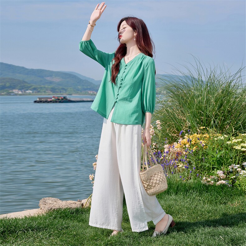 七分袖夏款年轻套装女2026新款干练气质亚麻显瘦贵夫人两件套,女装套装/套裙,水衣源