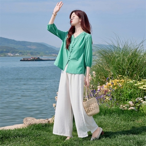 七分袖夏款年轻套装女2026新款干练气质亚麻显瘦贵夫人两件套图片
