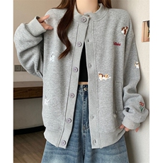 可爱小狗刺绣灰色圆领棒球服外套女春秋情侣开衫卫衣W2052，女装短外套，星座1116A（原606A-3）