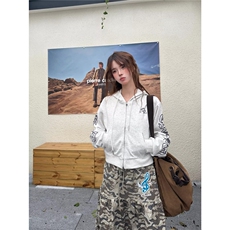 美式复古梵文印花短款宽松拉链开衫卫衣女秋街头外套，女装短外套，星座506A