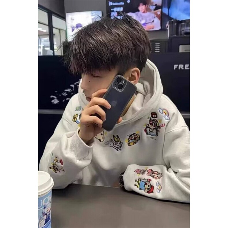 秋季新款美式潮牌趣味刺绣连帽卫衣男小众设计高级感上衣,男装卫衣,四季星座505