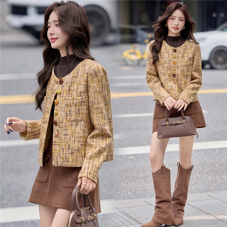 小香风粗花呢短外套女2025秋冬新款气质百搭洋气减龄圆领毛呢上衣，女装短外套，依路服饰