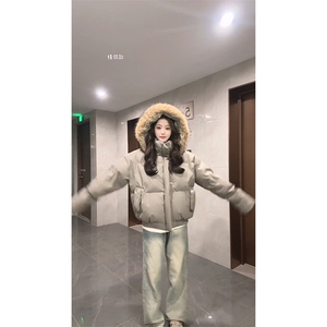 现货三防重磅硬挺boxy短款羽绒棉衣座山雕大毛毛领PU皮棉服外套冬图片