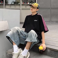 抖音得物品质二开240克宽松纯棉美式潮牌印花三条杠中性风短袖T恤，男装T恤，电商A486-1