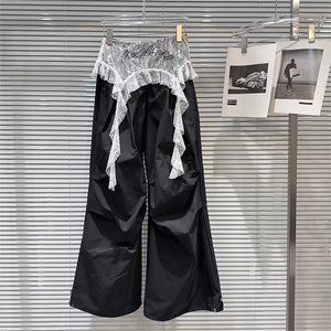 美式辣妹蕾丝拼接屁帘工装裤女2025春夏薄款宽松跳舞阔腿降落伞裤图片