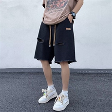 破洞牛仔短裤男夏季宽松直筒毛边休闲裤子美式高街五分裤WN58-P36，男装牛仔裤，星座1008