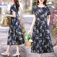 文艺气质印花棉麻连衣裙女2026夏季新款抽绳收腰显瘦时尚碎花长裙，女装连衣裙，倪叶myz