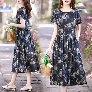 文艺气质印花棉麻连衣裙女2026夏季新款抽绳收腰显瘦时尚碎花长裙图片