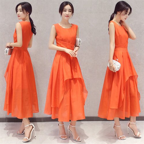 中长款2022年夏季短袖套头件高腰圆领通勤连衣裙欧根纱纯色气质，女装连衣裙，时尚俏佳人